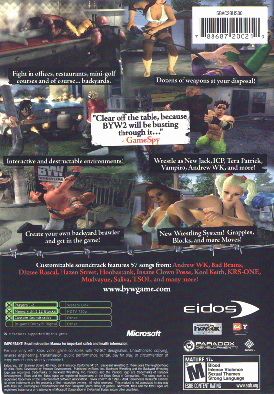 Back Cover for Backyard Wrestling 2: There Goes the Neighborhood (Xbox)