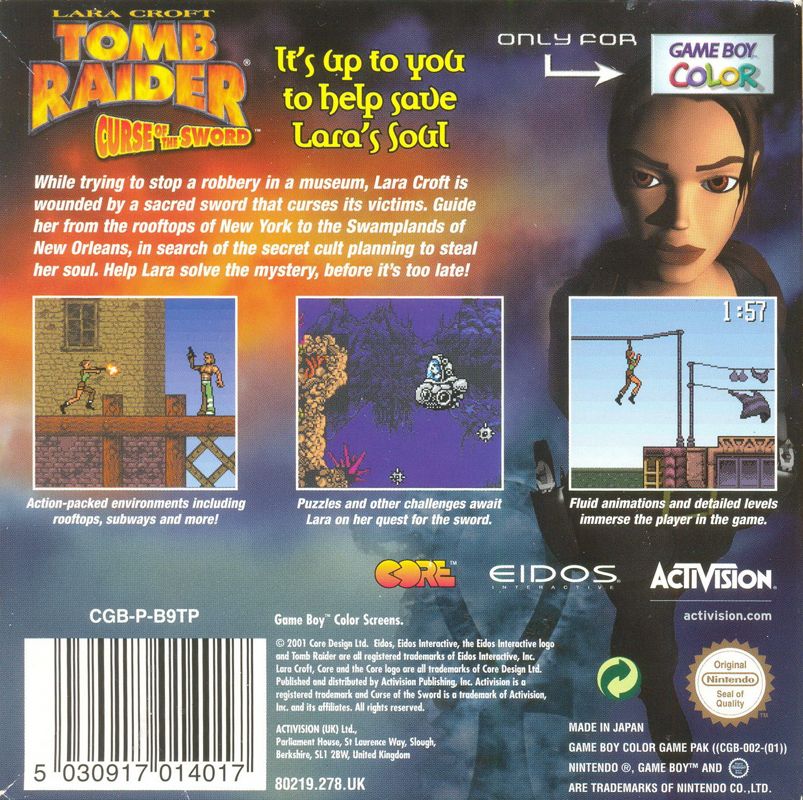 Back Cover for Lara Croft: Tomb Raider - Curse of the Sword (Game Boy Color)