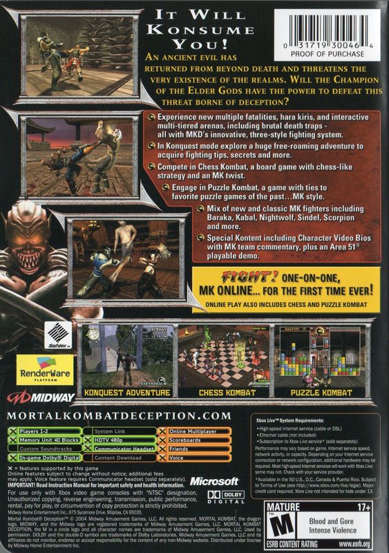 Back Cover for Mortal Kombat: Deception (Xbox)