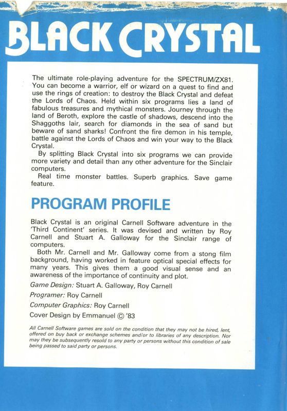 Back Cover for Black Crystal (ZX Spectrum)