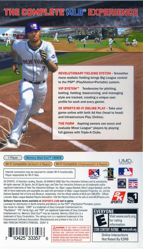 Back Cover for Major League Baseball 2K8 (PSP)