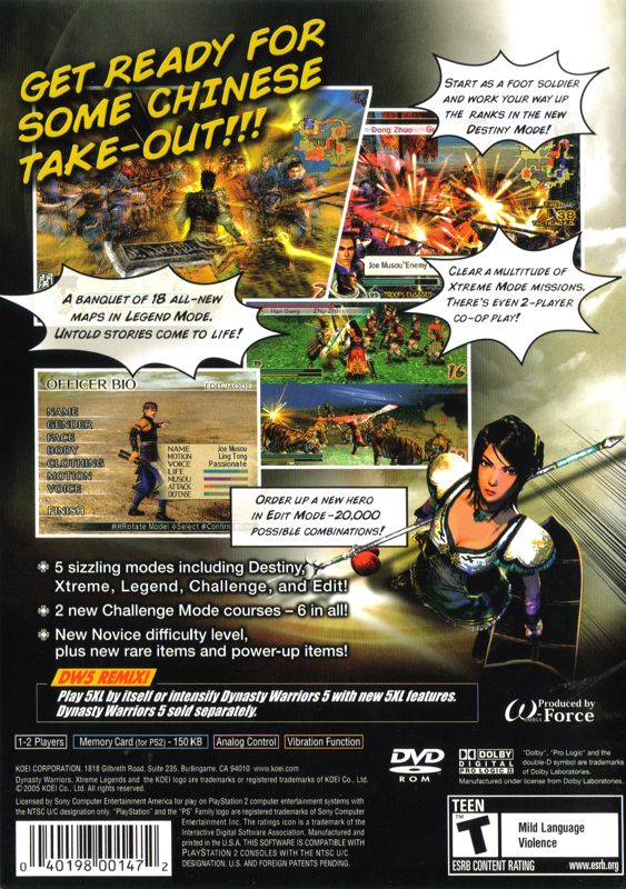 Back Cover for Dynasty Warriors 5: Xtreme Legends (PlayStation 2)