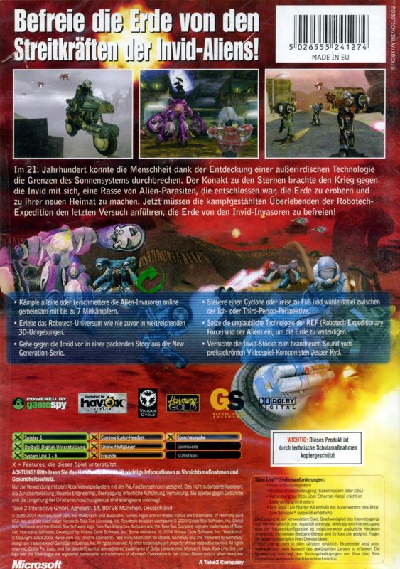 Back Cover for Robotech: Invasion (Xbox)
