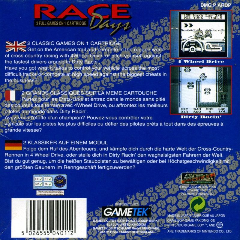 Back Cover for Race Days (Game Boy)