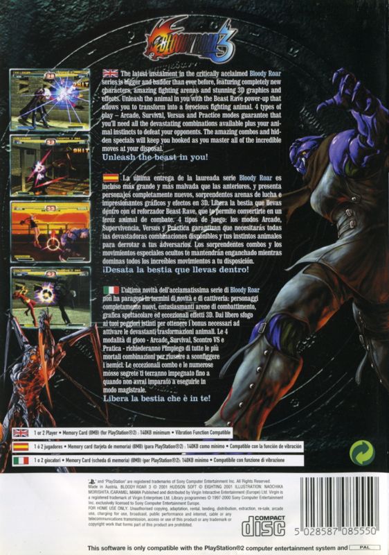 Back Cover for Bloody Roar 3 (PlayStation 2) (Second release)