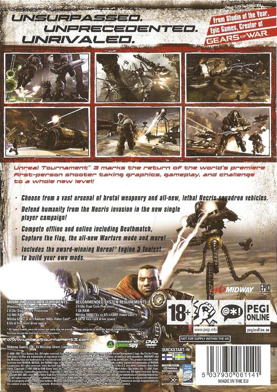 Back Cover for Unreal Tournament III (Windows) (European English release)