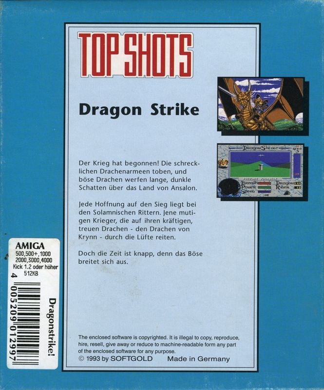 Back Cover for DragonStrike (Amiga) (Top Shots release)