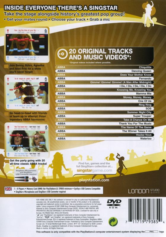 Back Cover for SingStar: ABBA (PlayStation 2)