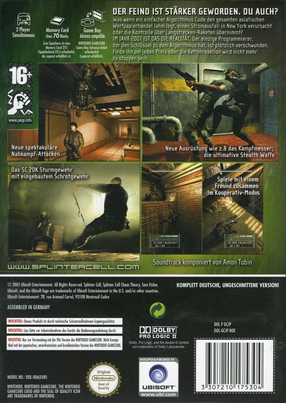 Back Cover for Tom Clancy's Splinter Cell: Chaos Theory (GameCube)