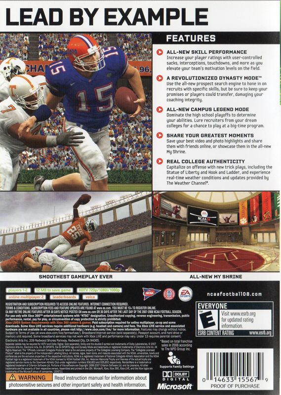 Back Cover for NCAA Football 08 (Xbox 360)