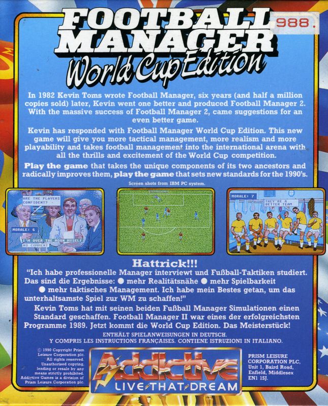 Back Cover for Football Manager: World Cup Edition 1990 (Commodore 64) (Cassette Release)