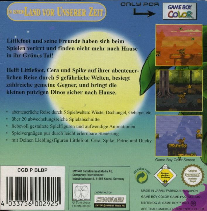 Back Cover for The Land Before Time (Game Boy Color)