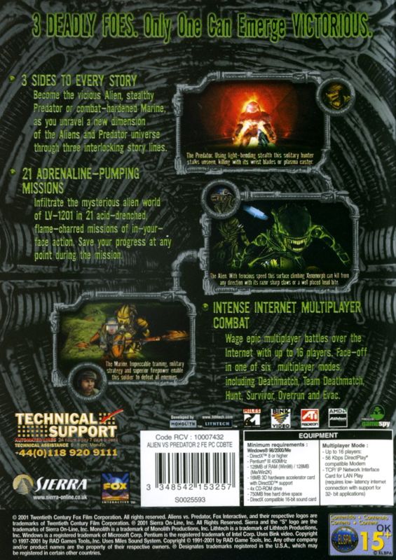 Back Cover for Aliens Versus Predator 2 (Windows)