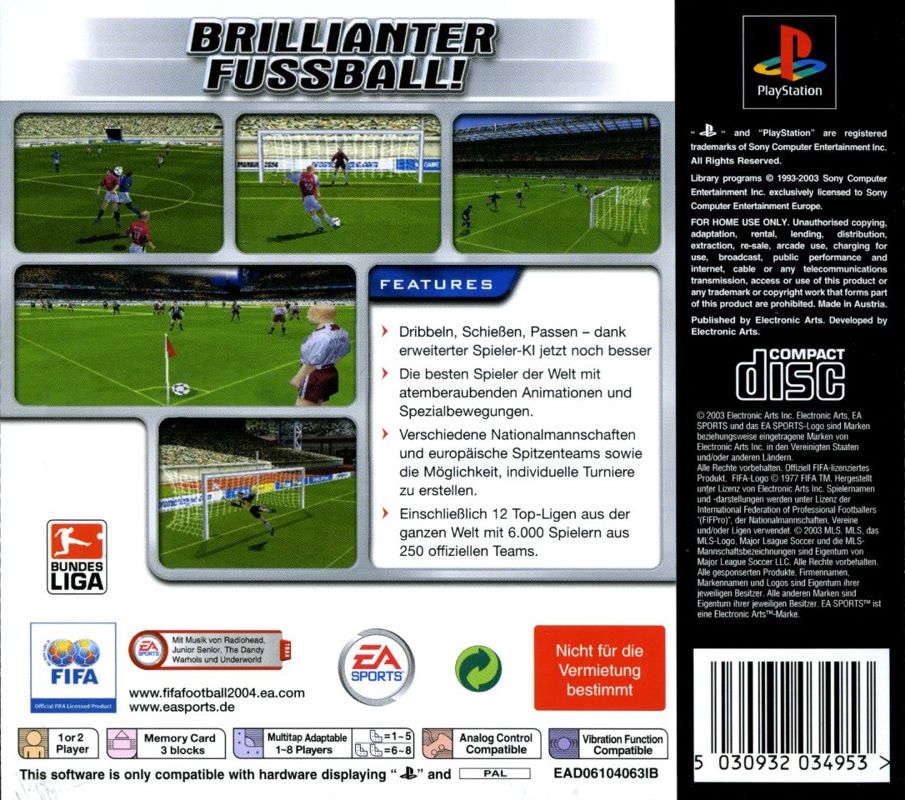 Back Cover for FIFA Soccer 2004 (PlayStation)