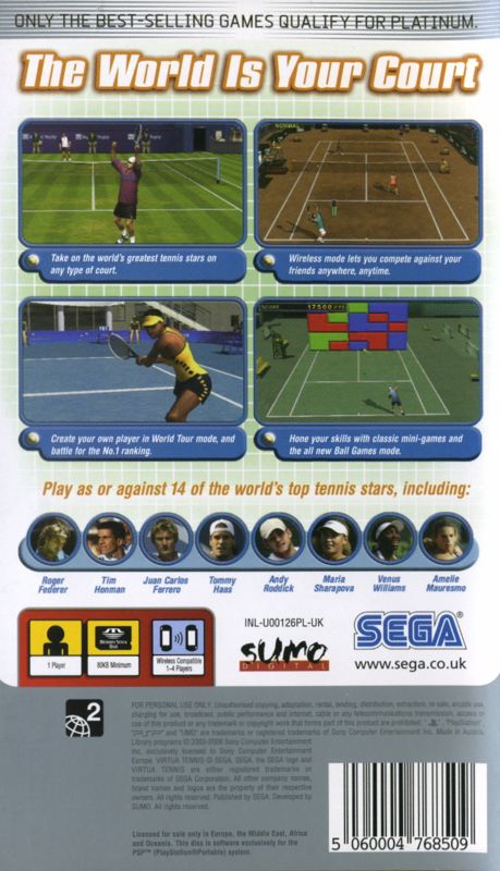 Back Cover for Virtua Tennis: World Tour (PSP) (Platinum release)