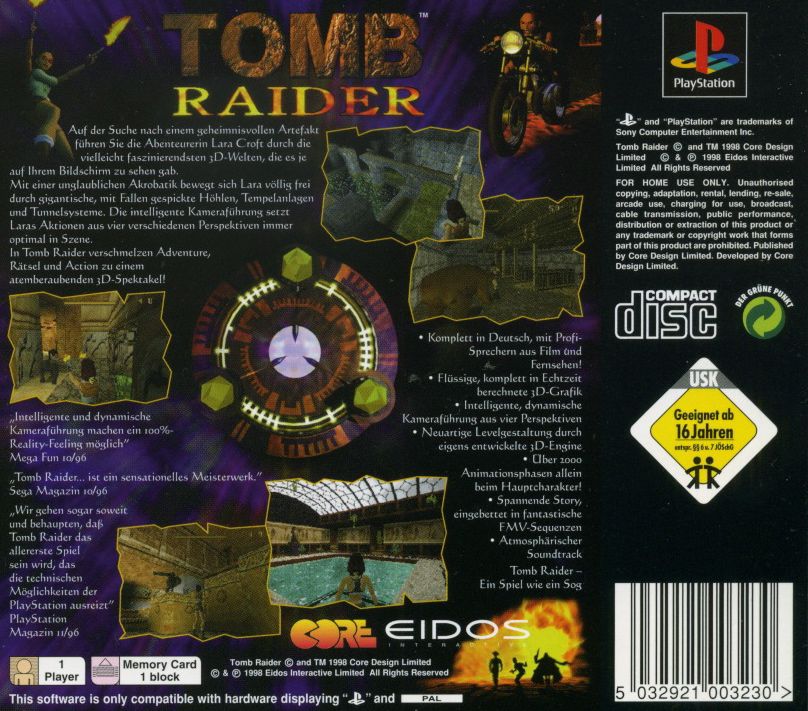 Back Cover for Tomb Raider (PlayStation) (Platinum release)