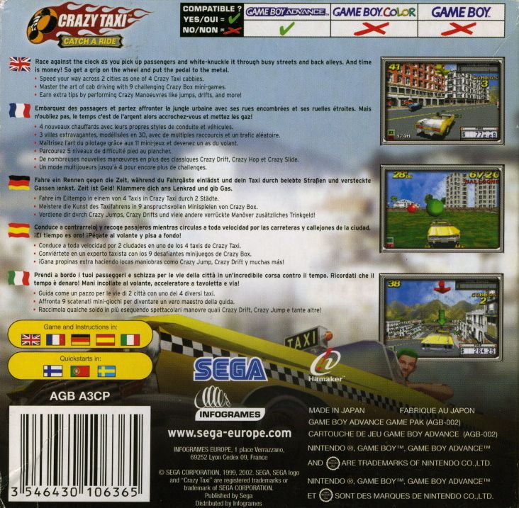 Back Cover for Crazy Taxi: Catch a Ride (Game Boy Advance)