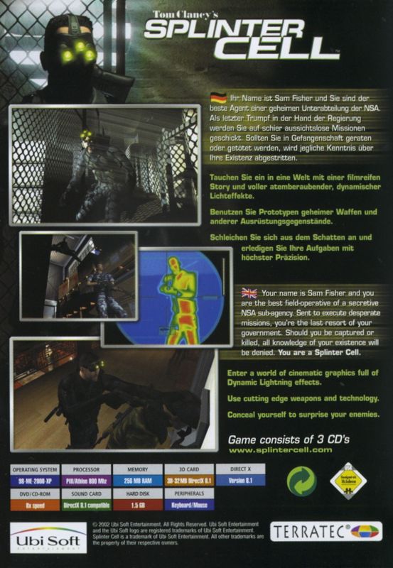 Back Cover for Tom Clancy's Splinter Cell (Windows) (OEM release)