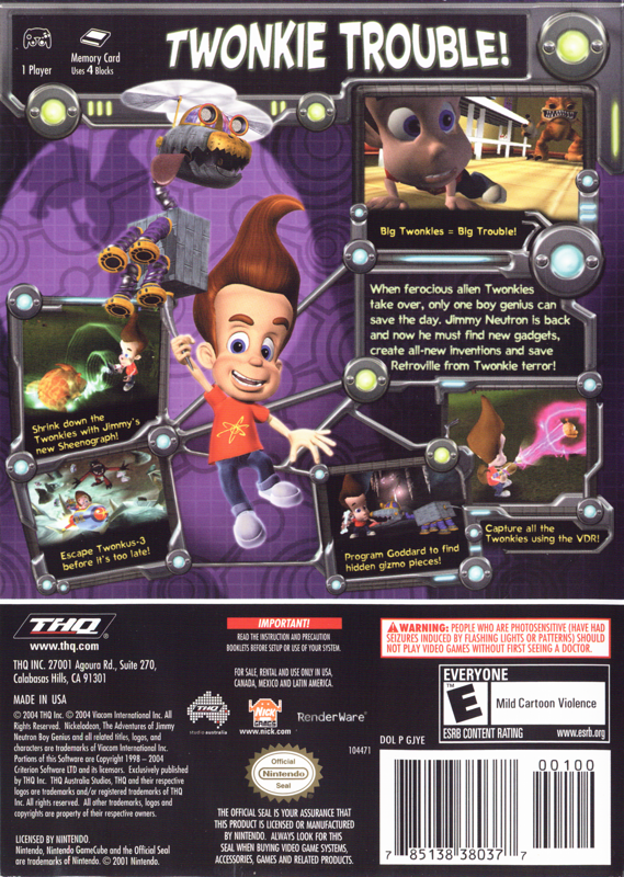 Back Cover for The Adventures of Jimmy Neutron: Boy Genius - Attack of the Twonkies (GameCube)