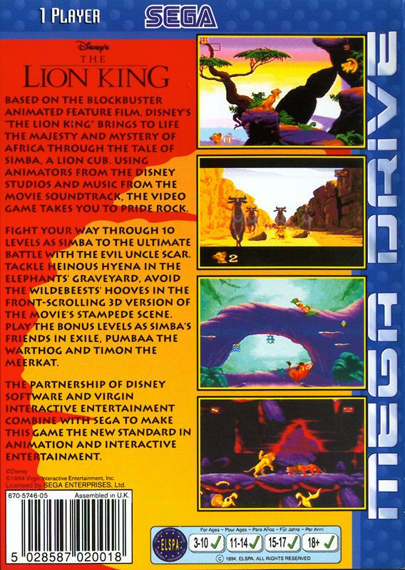 Back Cover for The Lion King (Genesis)