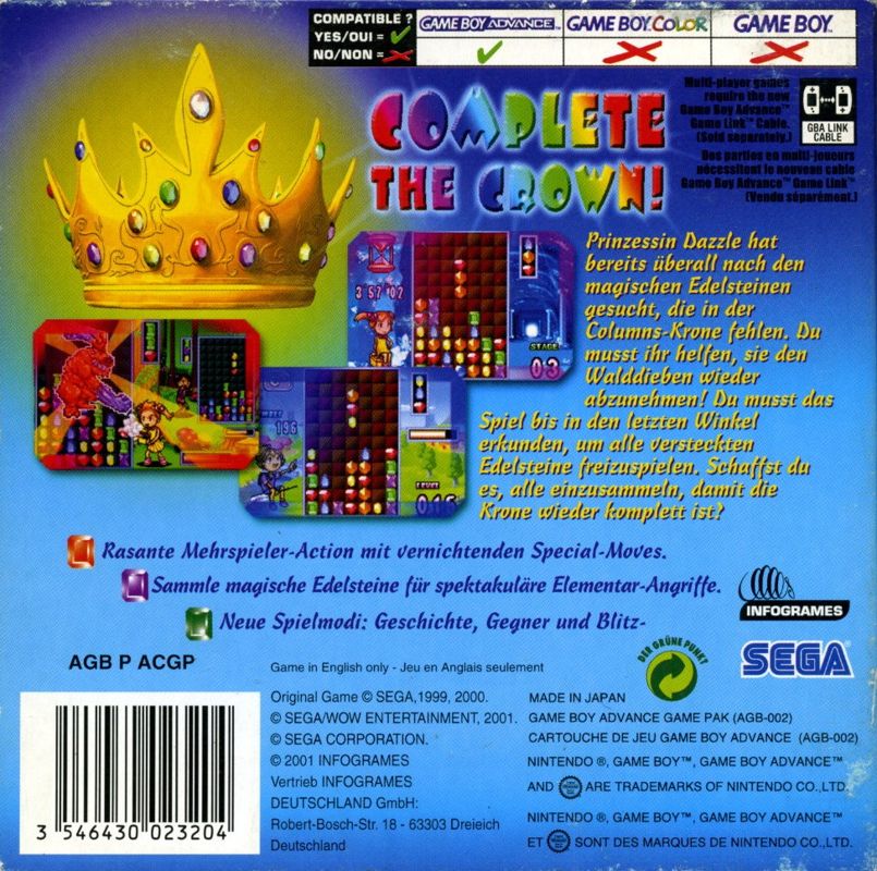 Back Cover for Columns Crown (Game Boy Advance)