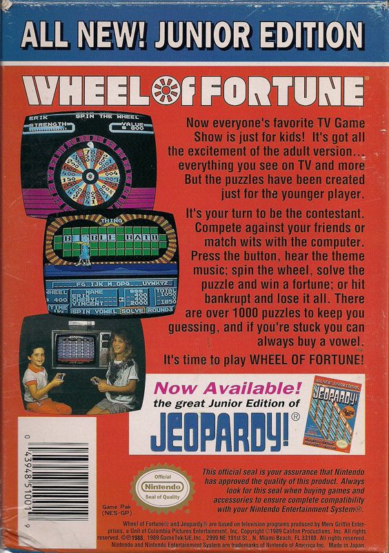 Back Cover for Wheel of Fortune: Junior Edition (NES)