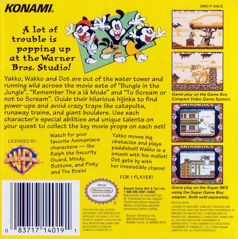 Back Cover for Animaniacs (Game Boy)