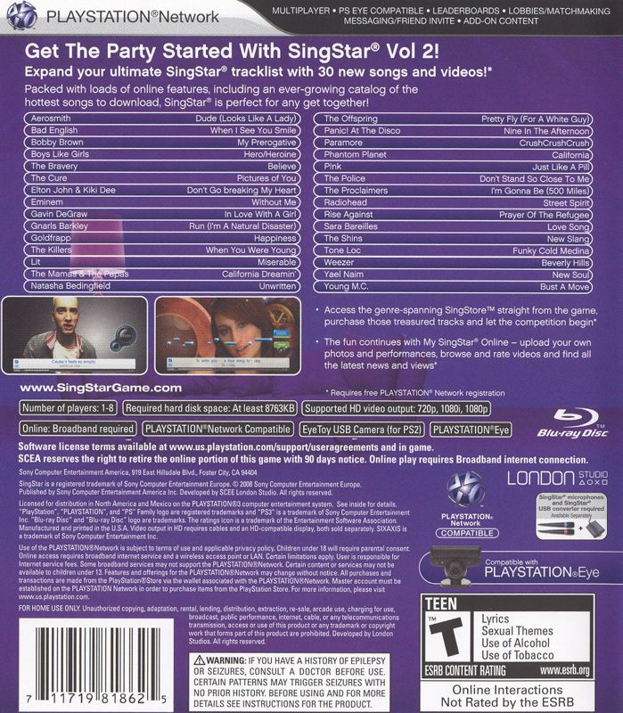 Back Cover for SingStar: Vol.2 (PlayStation 3)