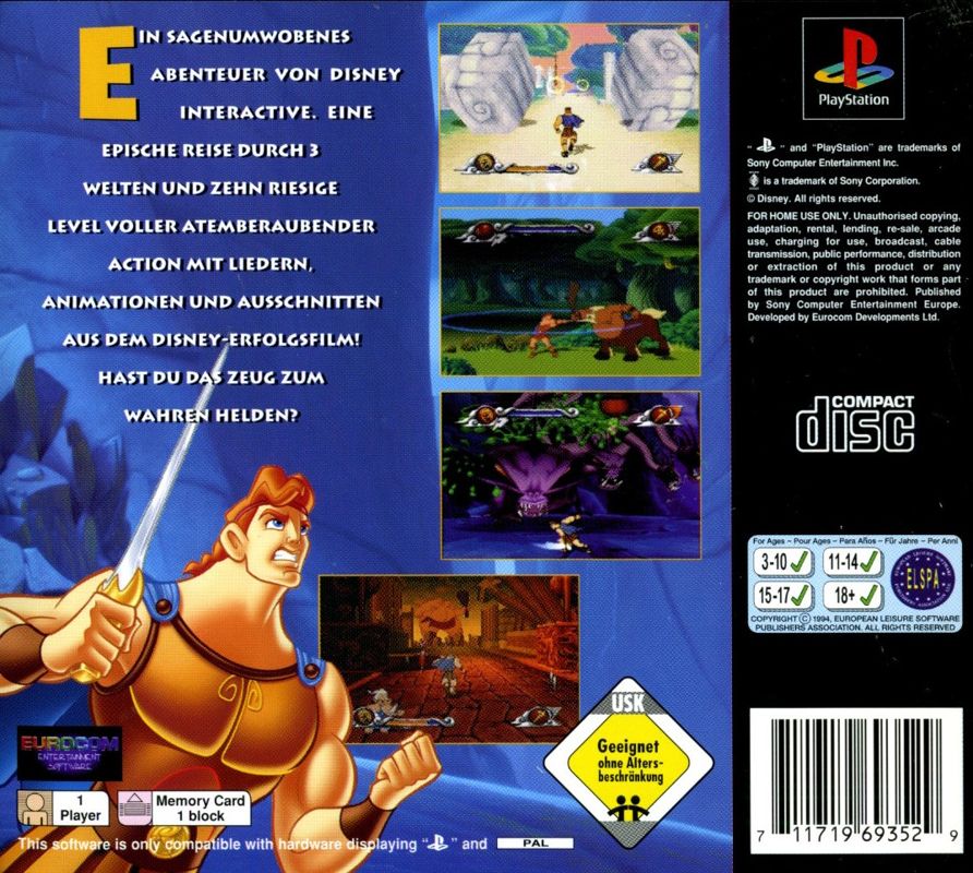 Back Cover for Disney's Hercules (PlayStation)