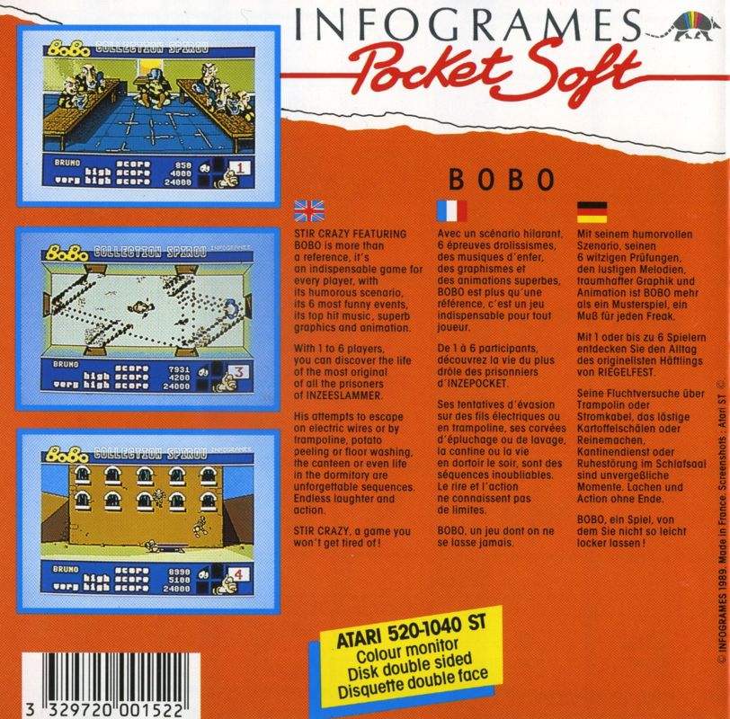 Back Cover for Stir Crazy featuring BoBo (Atari ST)