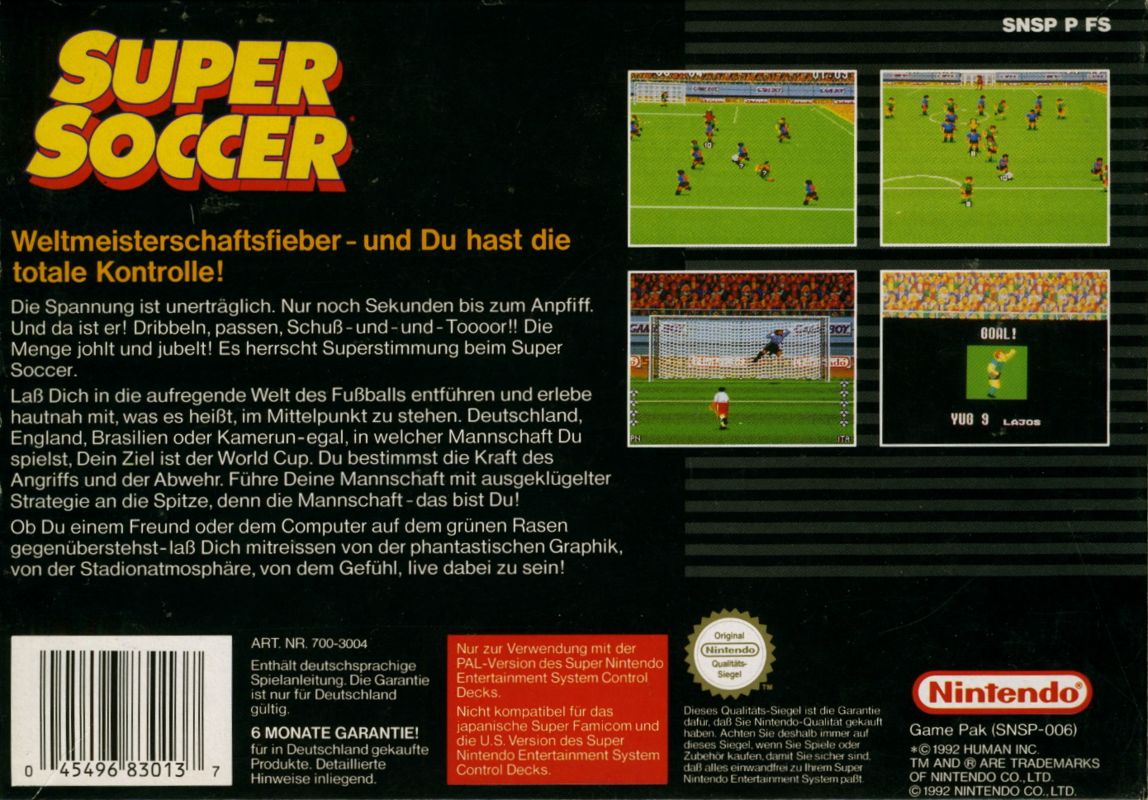 Back Cover for Super Soccer (SNES)