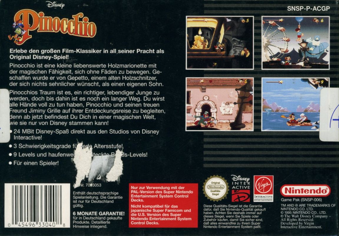 Back Cover for Pinocchio (SNES)
