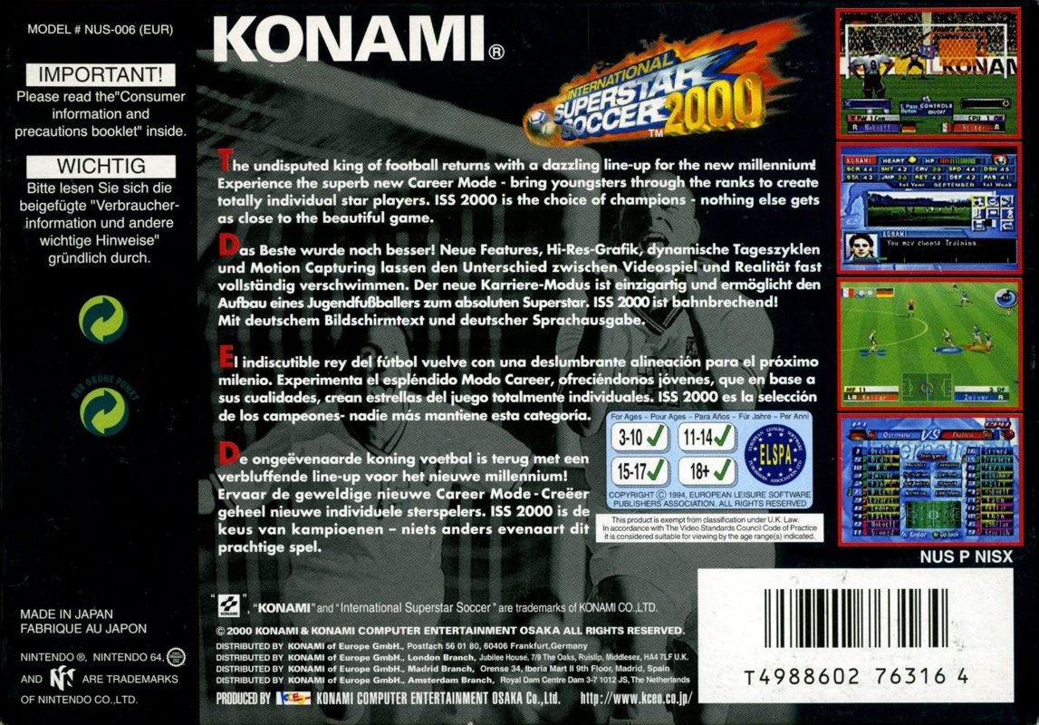 Back Cover for International Superstar Soccer 2000 (Nintendo 64)