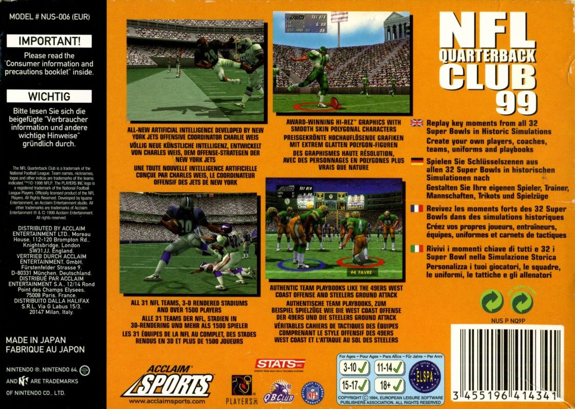 Back Cover for NFL Quarterback Club 99 (Nintendo 64)