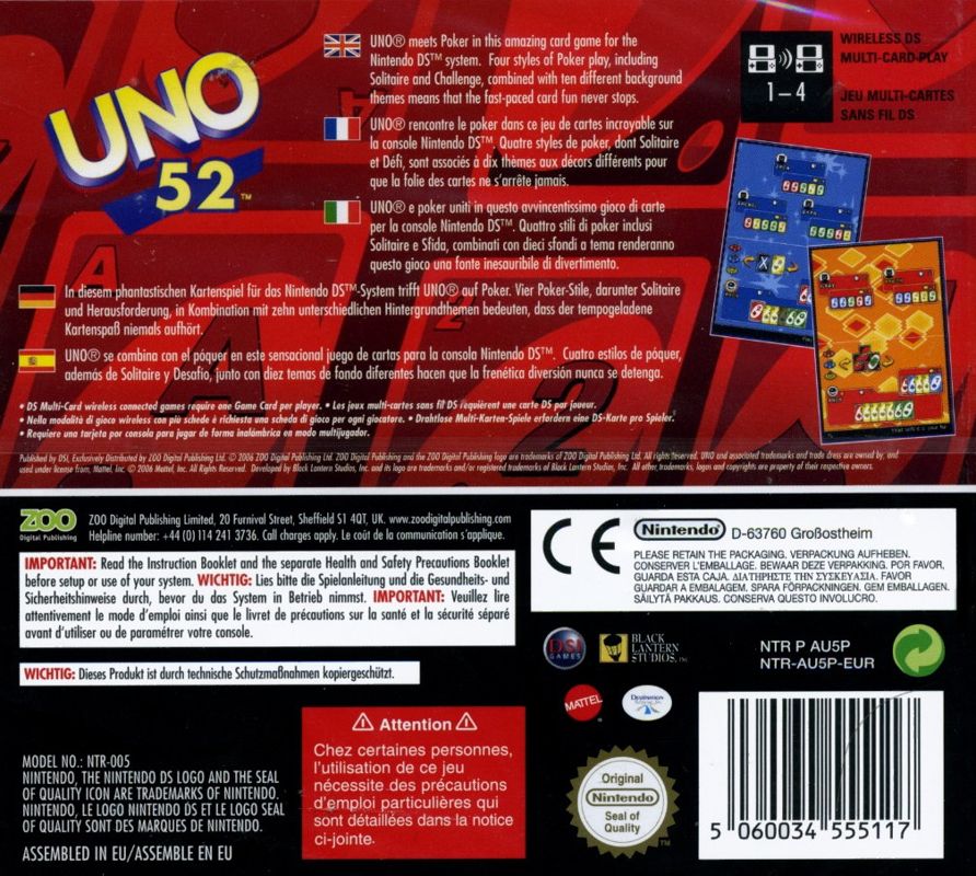 Back Cover for Uno 52 (Nintendo DS)