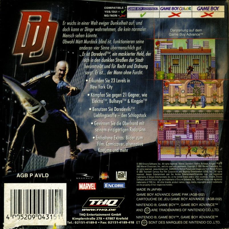 Back Cover for Daredevil (Game Boy Advance)