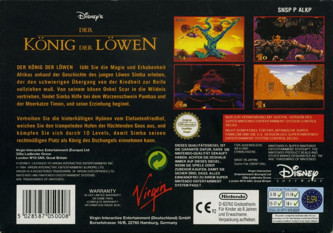 Back Cover for The Lion King (SNES)