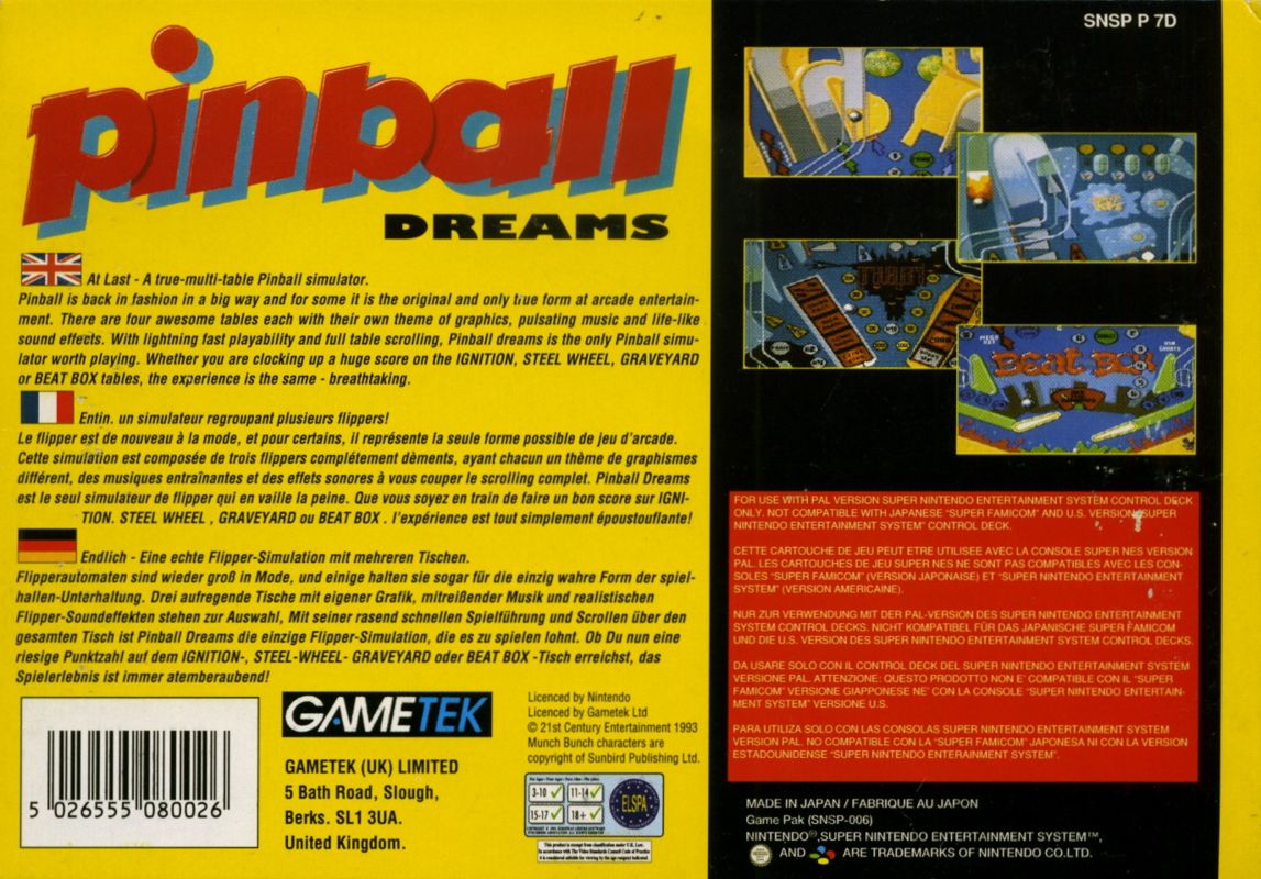 Back Cover for Pinball Dreams (SNES)