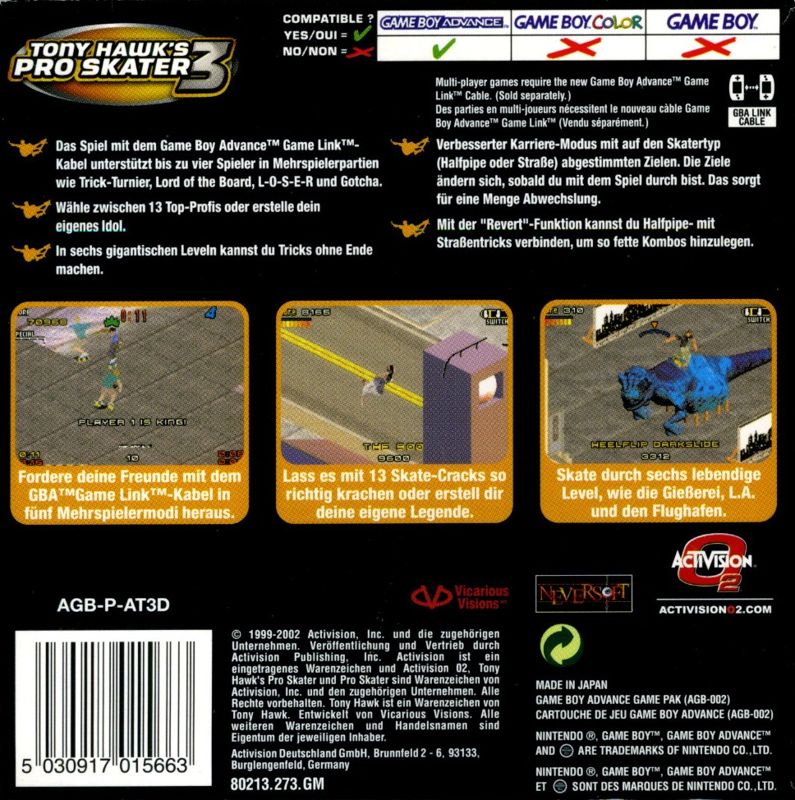 Back Cover for Tony Hawk's Pro Skater 3 (Game Boy Advance)