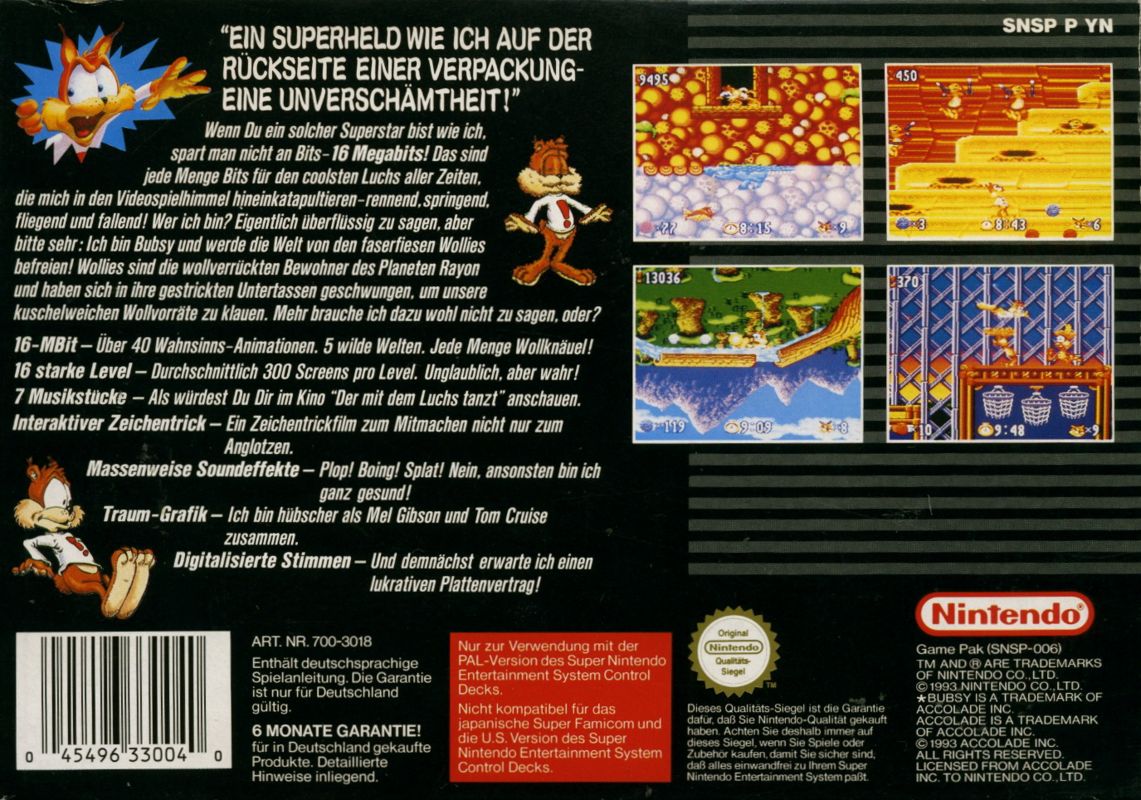 Back Cover for Bubsy in: Claws Encounters of the Furred Kind (SNES)