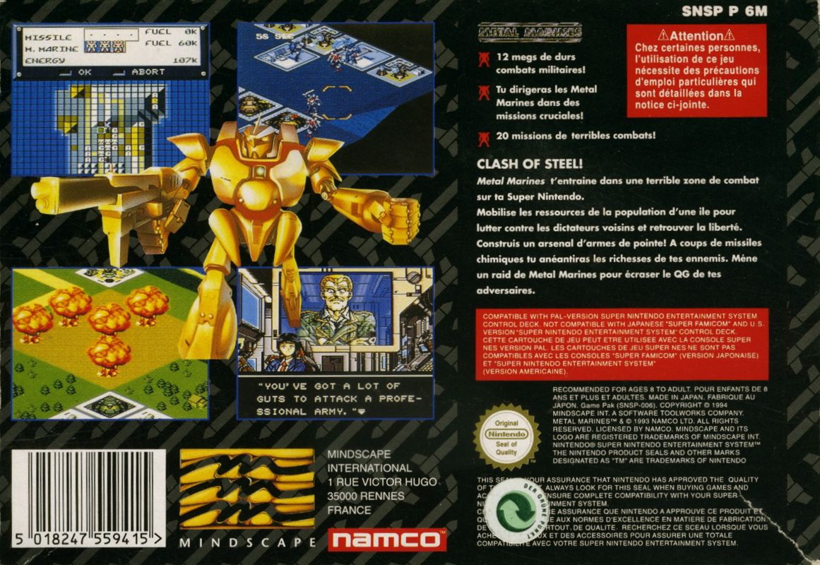 Back Cover for Metal Marines (SNES) (French box but a sticker indicates a German manual)
