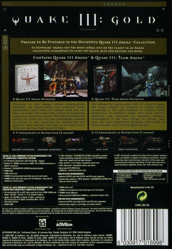 Back Cover for Quake III: Gold (Macintosh and Windows)