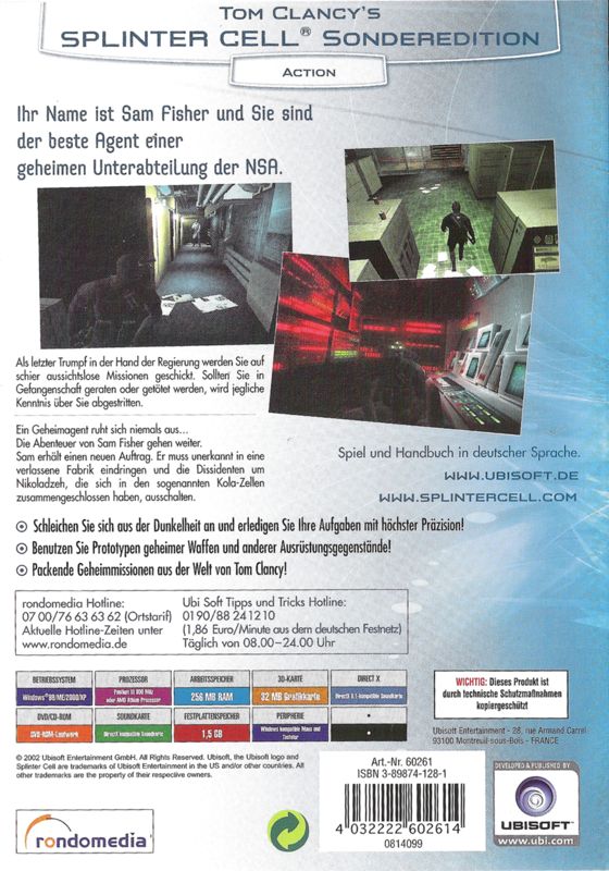 Back Cover for Tom Clancy's Splinter Cell: Double Pack (Windows) (Ubisoft eXclusive release)
