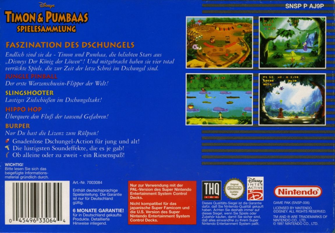 Back Cover for Disney's Timon & Pumbaa's Jungle Games (SNES) (Disney's Classic Video Games release)