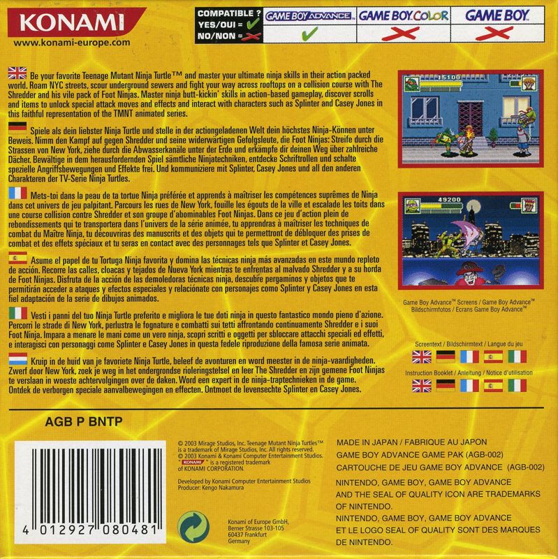 Back Cover for Teenage Mutant Ninja Turtles (Game Boy Advance)