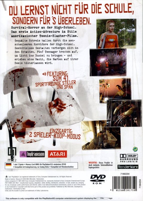 Back Cover for ObsCure (PlayStation 2)