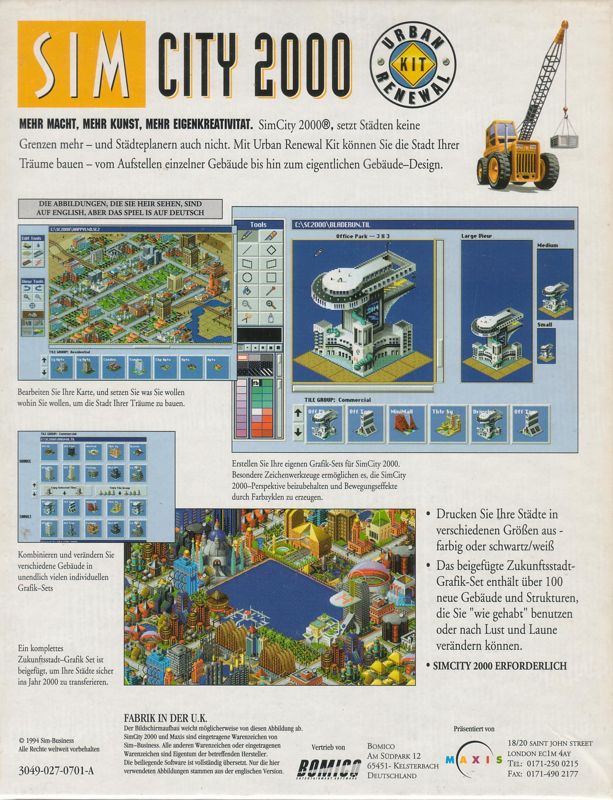 Back Cover for SimCity 2000: Urban Renewal Kit (DOS)