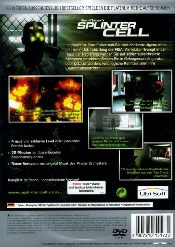 Back Cover for Tom Clancy's Splinter Cell (PlayStation 2) (Platinum release)