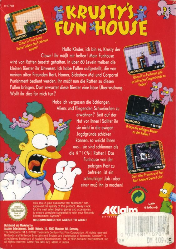 Back Cover for Krusty's Super Fun House (NES)