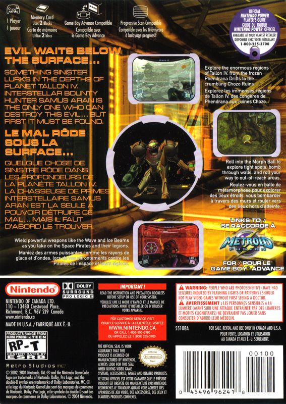 Back Cover for Metroid Prime (GameCube) (Metroid Prime w/ Metroid Prime 2: Echoes Bonus Disc)